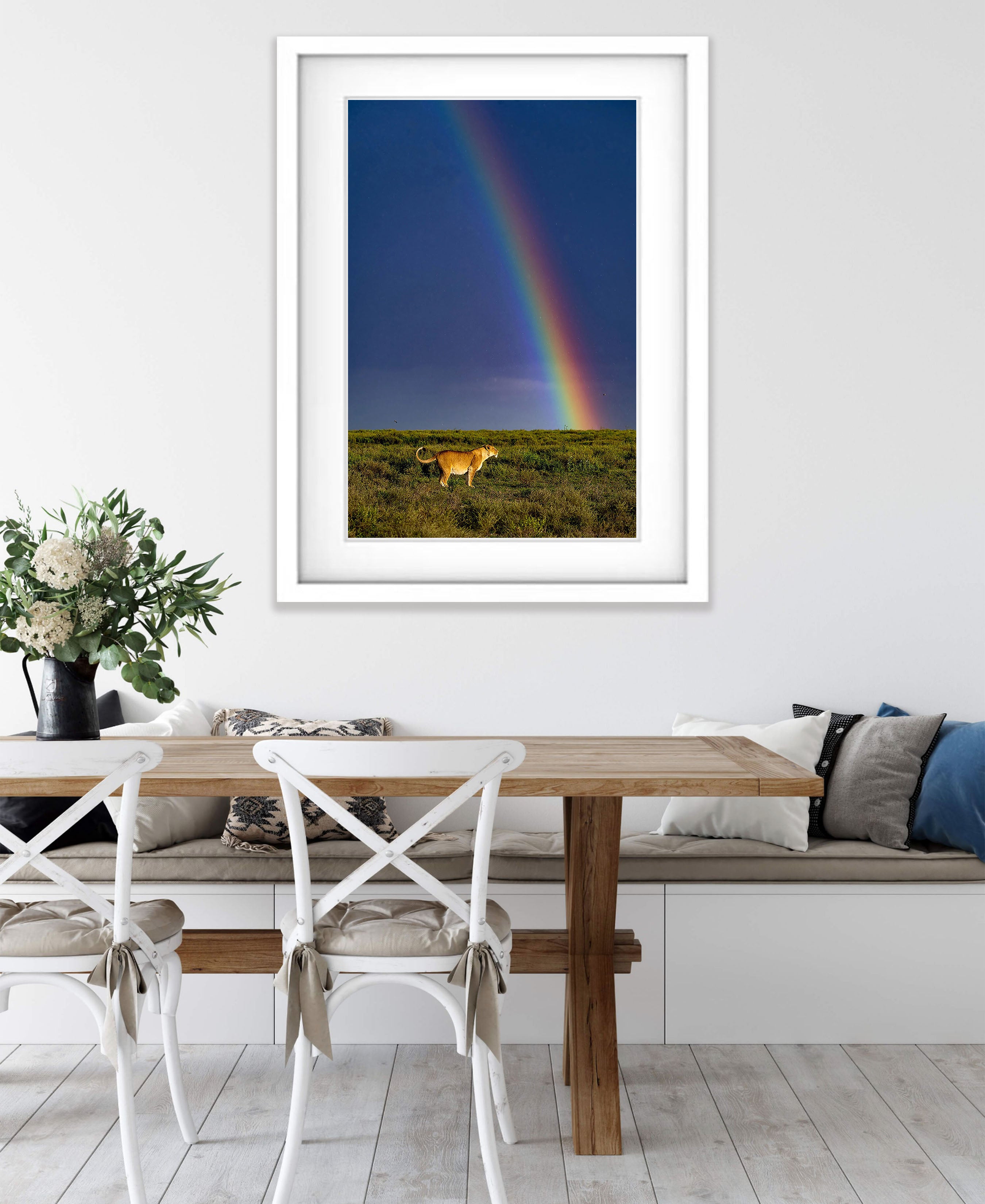 A pregnant lion and rainbow in the Serengeti, Tanzania