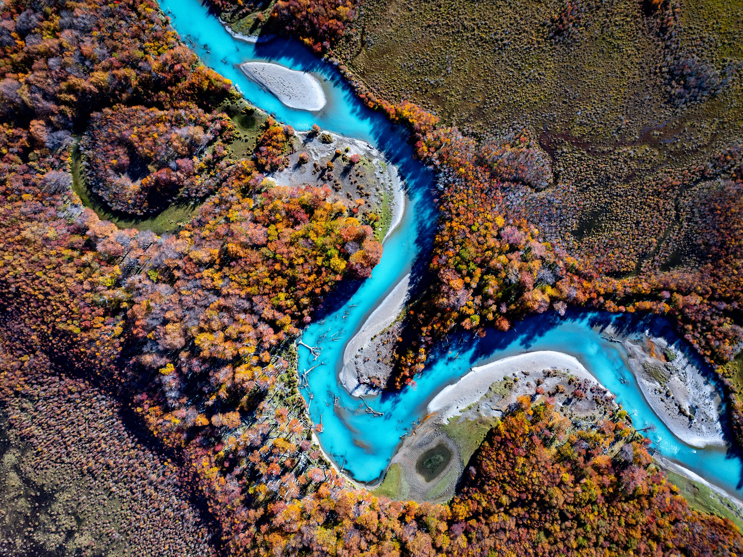 Mountain Stream Autumn aerial, Patagonia