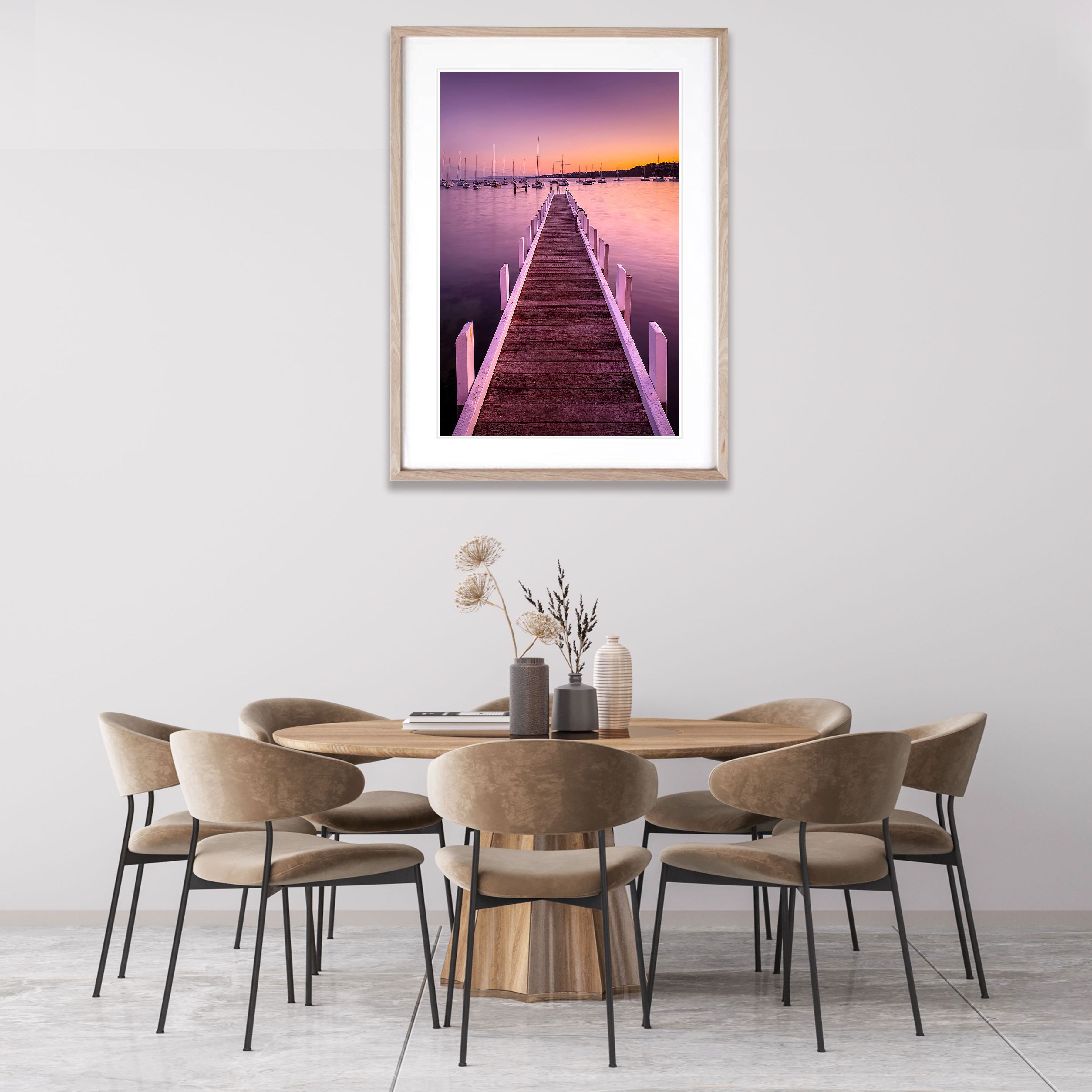 ARTWORK INSTOCK - Scarlet Sunrise, Mornington 150 x 100cms Canvas Raw Oak Frame