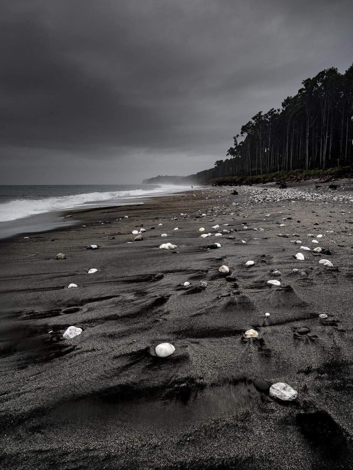 A dark view of a greyish seashore with wet sand and some white stones are placed systematically in lines, Beach pebbles - West Coast New Zealand