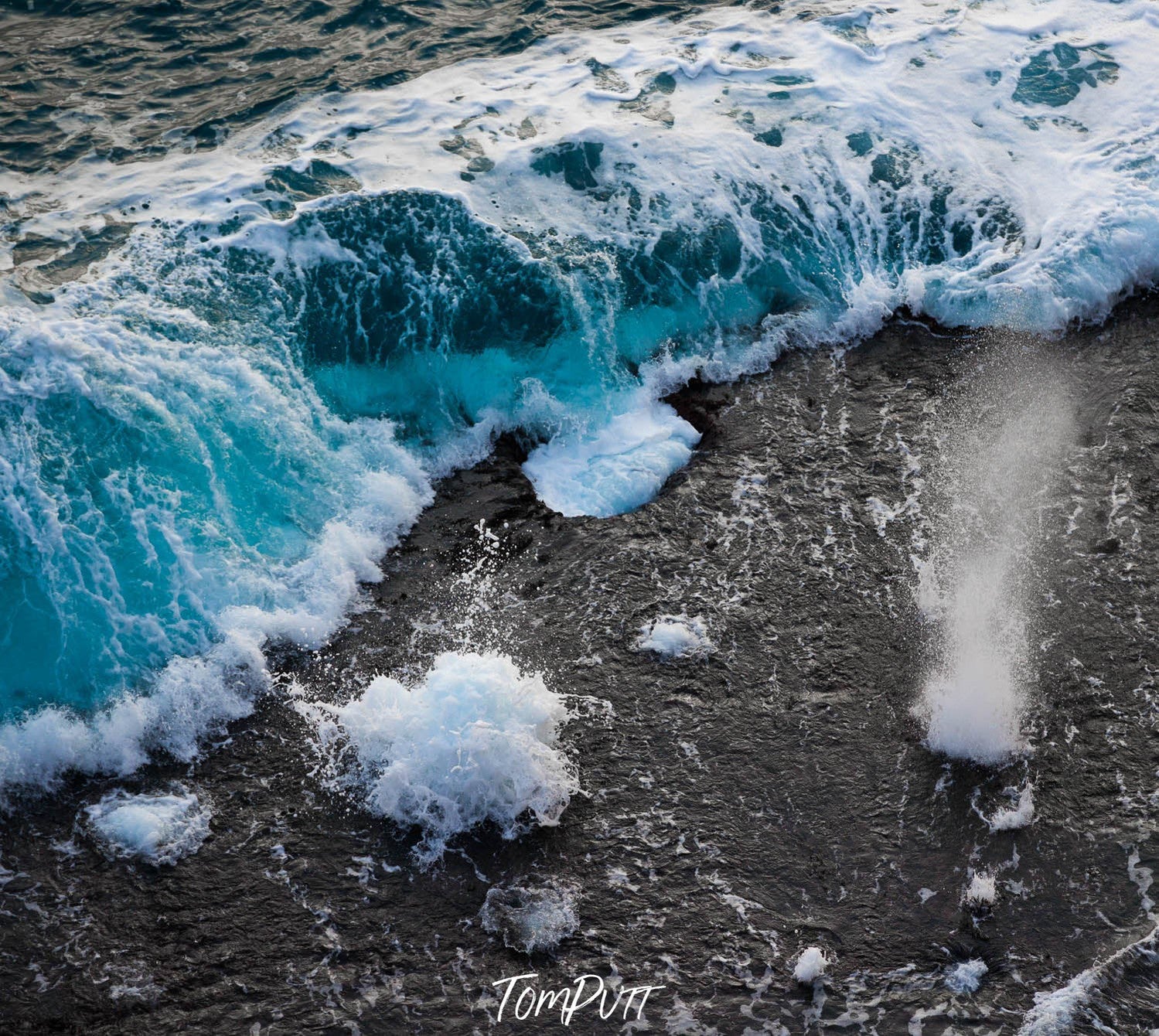 Dense sea waves making giant bubbles of clear blue water with white sea suds, and a grey colored water before and after the bubbling zone, Bubbling Seas 2, Eyre Peninsula