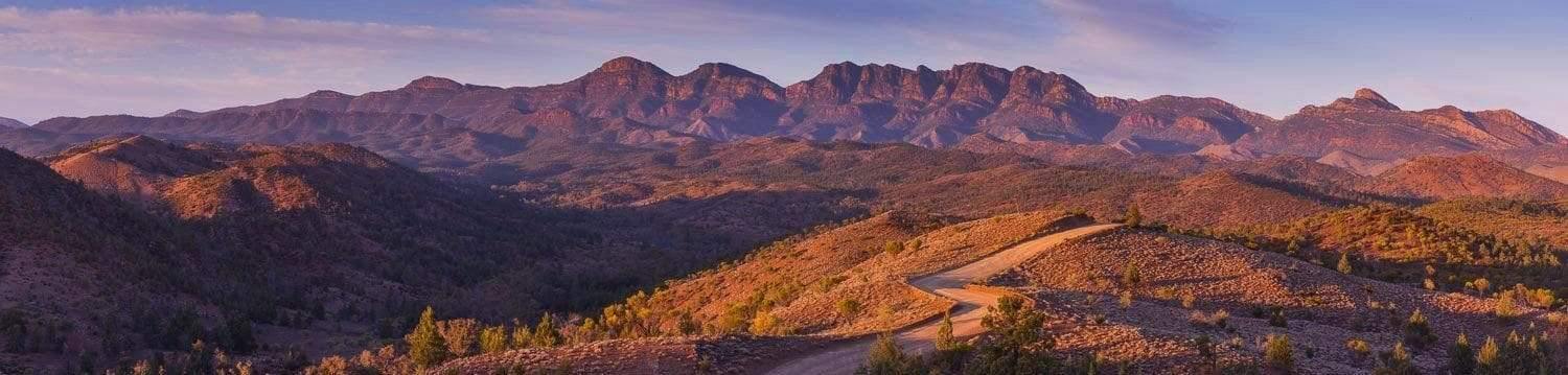 A landscape view of huge mountain walls with beautiful greenery on the land and mountains, Bunyeroo Valley Panorama, Flinders Ranges, SA