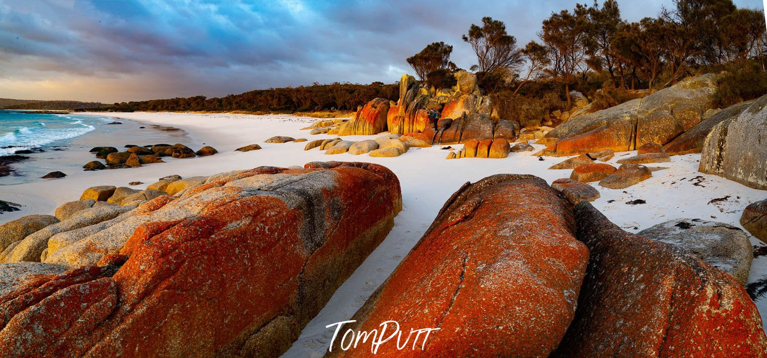 A beautiful landscape view of a seashore with white powder-like sand and some groups of large random shaped stones with red-colored texture and a group of trees in the background, Cosy Corner Sunshine, Bay of Fires