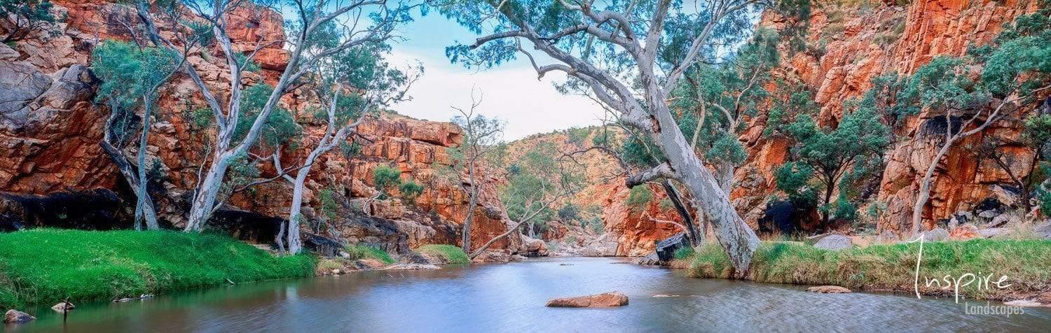 Watercourse between reddish mountains and some trees around, Fish Hole Creek - West MacDonnell Ranges, NT