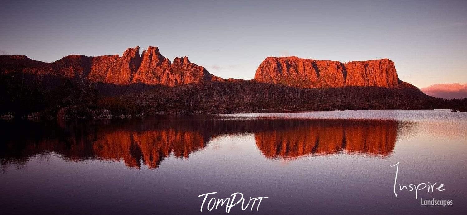 Long mountain walls reflection in the water, Geryon Reflections - Overland Track TAS