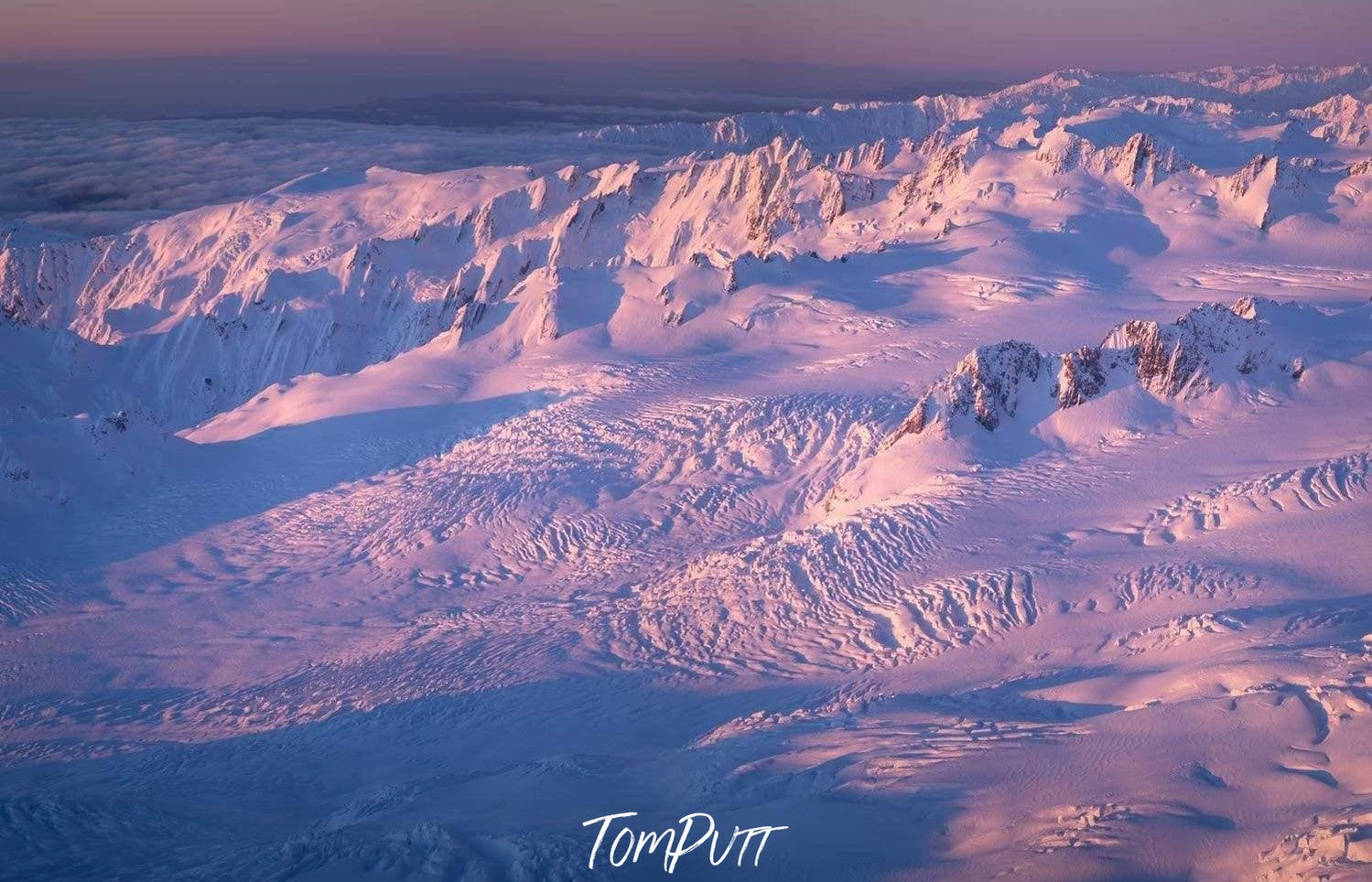 A long desert with some mountains fully covered with snow, Glacial Landscape NZ Art