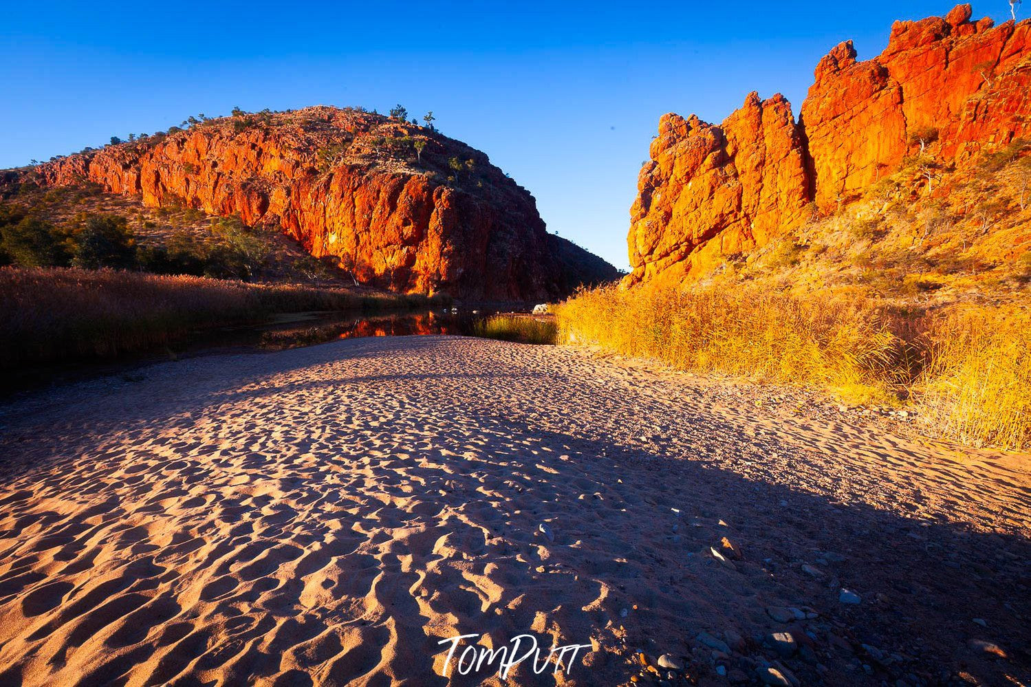 A desert pathway between two giant mountains, Glen Helen Gorge, West MacDonnell Ranges - Northern Territory