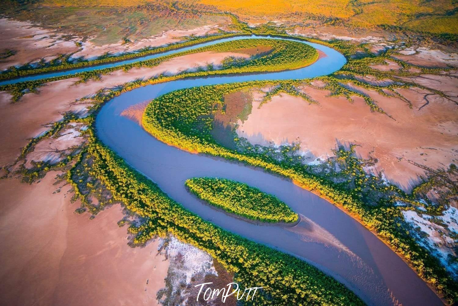 A curvy line watercourse and bushes, with dry land around, Island Home Kimberley Art