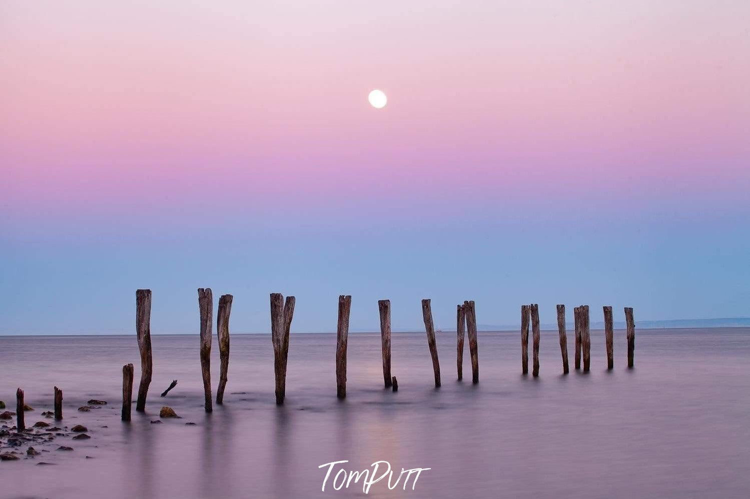 A sequence of woody pillars in the water, - Kangaroo Island SA in the water, and a purple effect of weather, Jetty Moonrise, Kingscote - Kangaroo Island SA