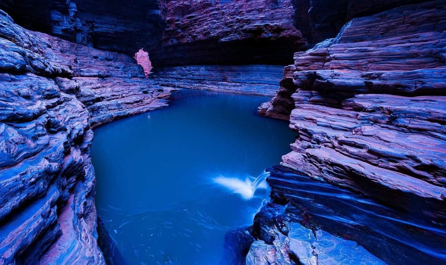 Dark blue water under the walls of biggy mountains, Kermit's Pool - Karijini, The Pilbara
