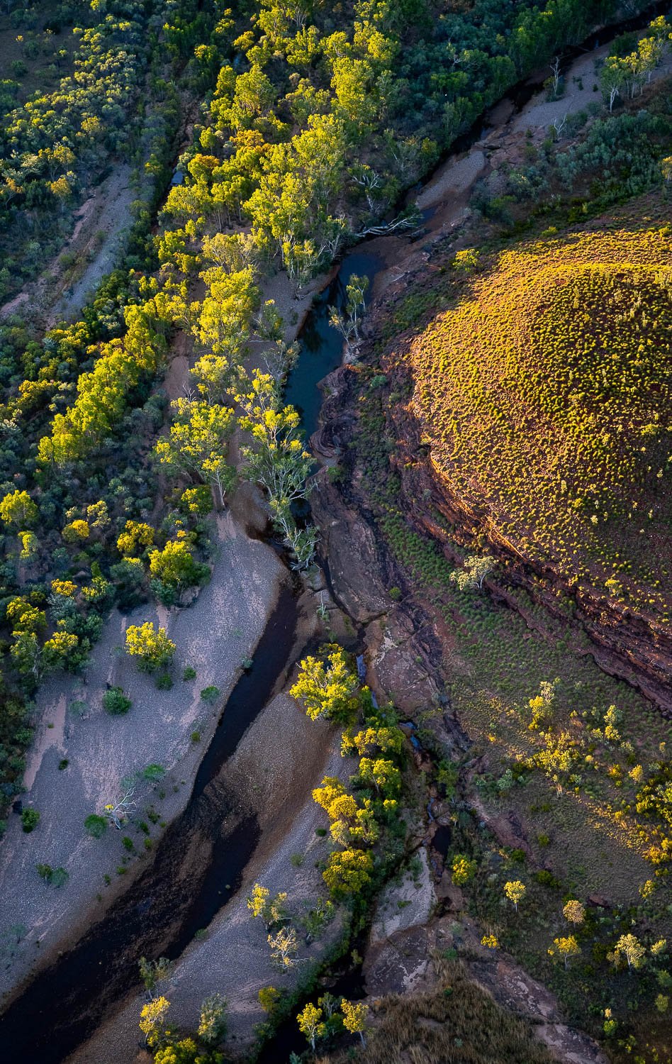 Aerial view of a long greenfield with a high greeny mound, Lone River, The Kimberley
