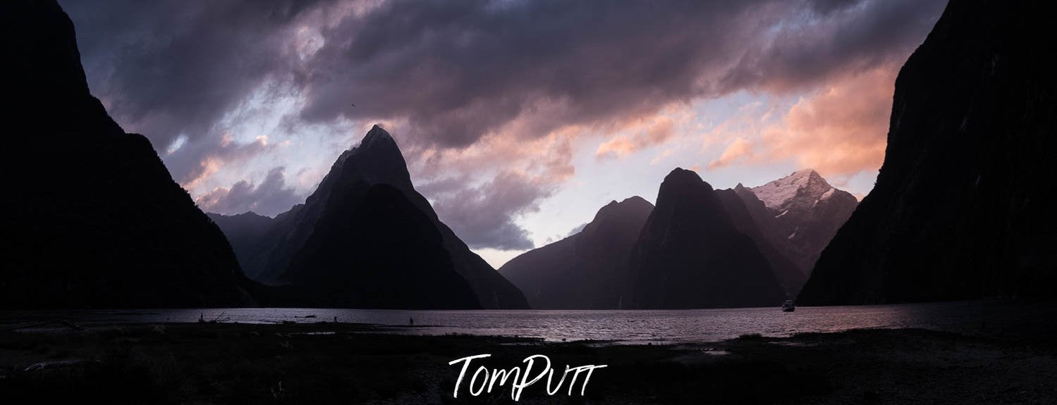 Dark mountains with pinkish weather, New Zealand #26