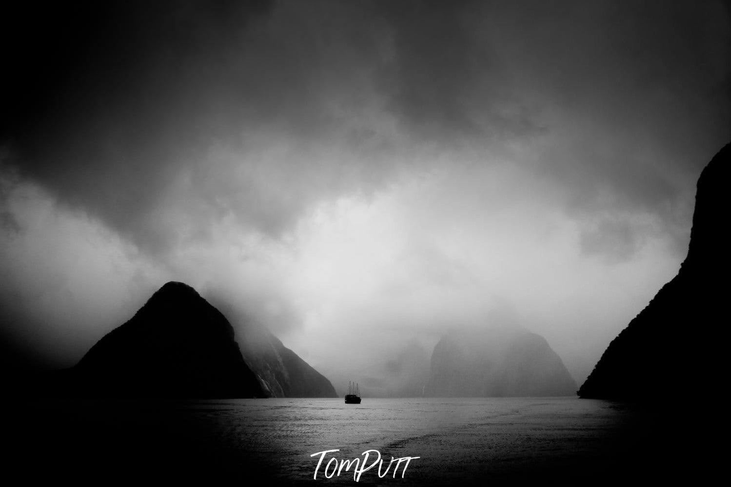 Black mountains with a heavy fog effect, Milford Storm New Zealand Art