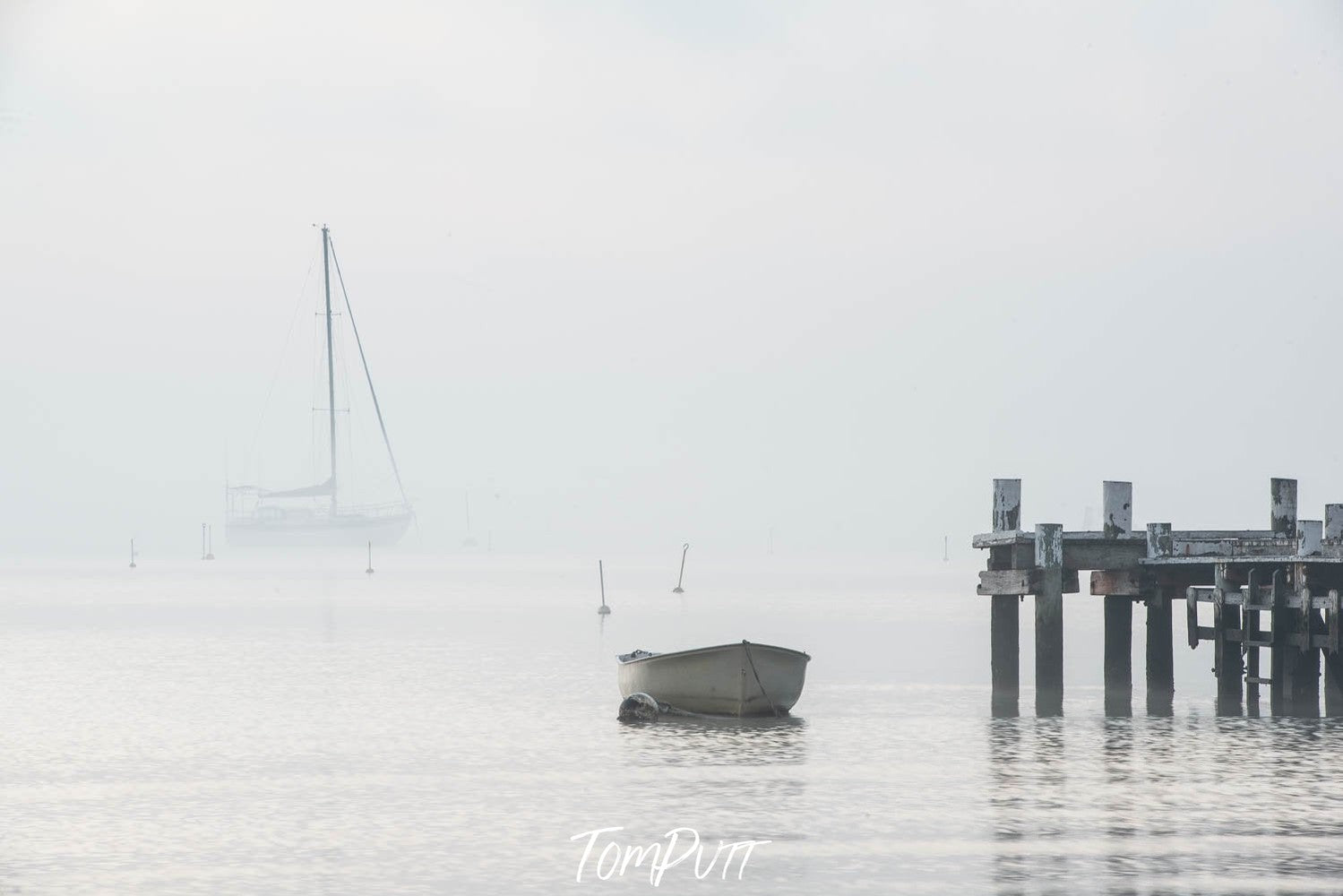 A floating boat and a wooden bridge in the lake, Morning Mist, Sorrento - Mornington Peninsula