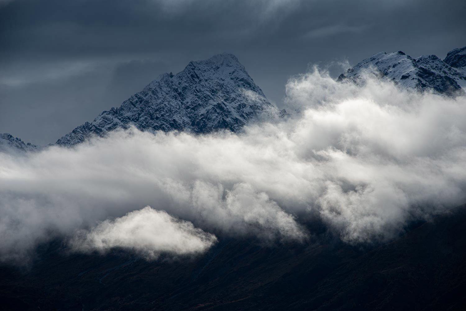 Black mountains with their peaks into the clouds, Mountainscape New Zealand Artwork