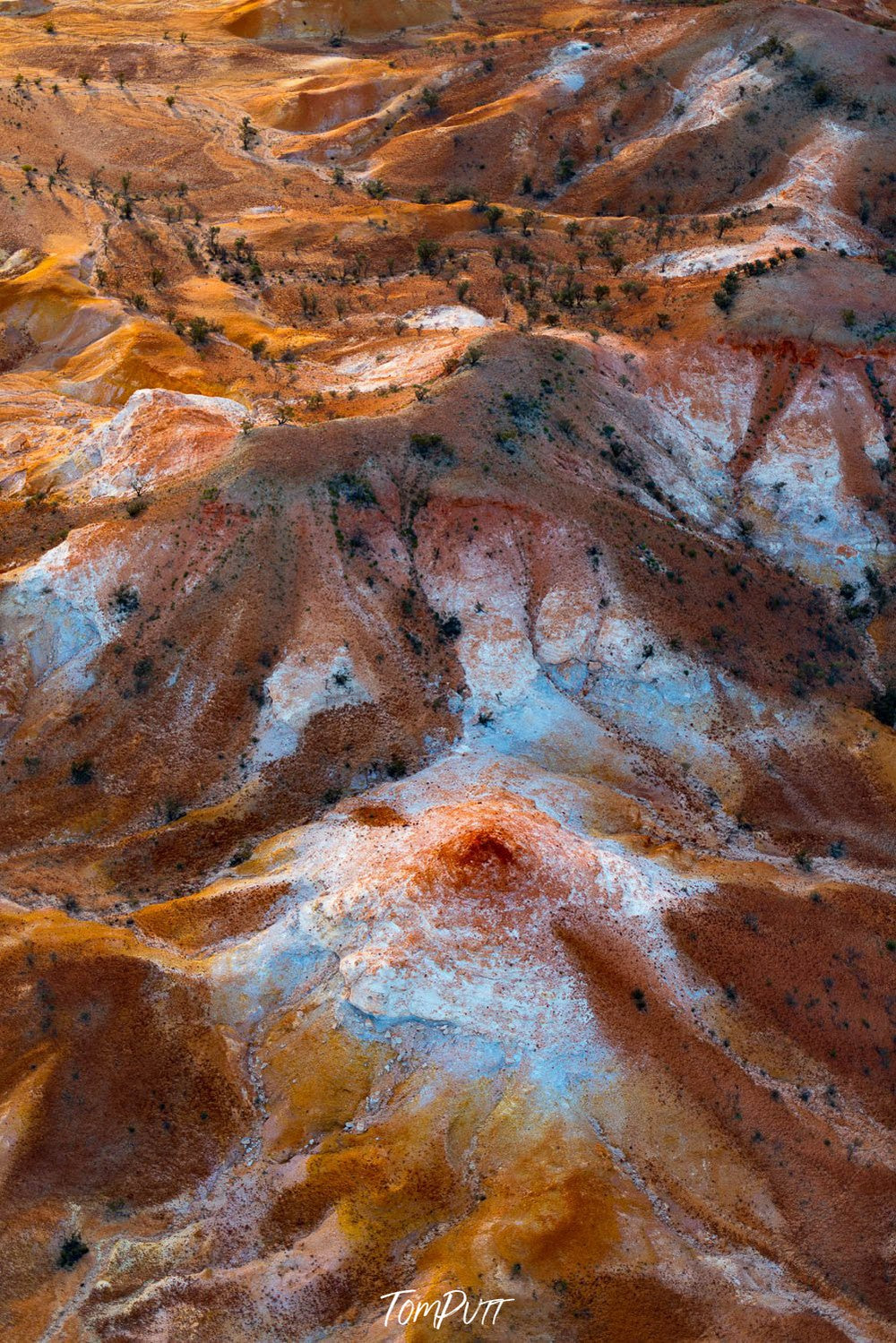 Aerial view of brown mountains with golden and powder color painted shades, Painted Hills #12