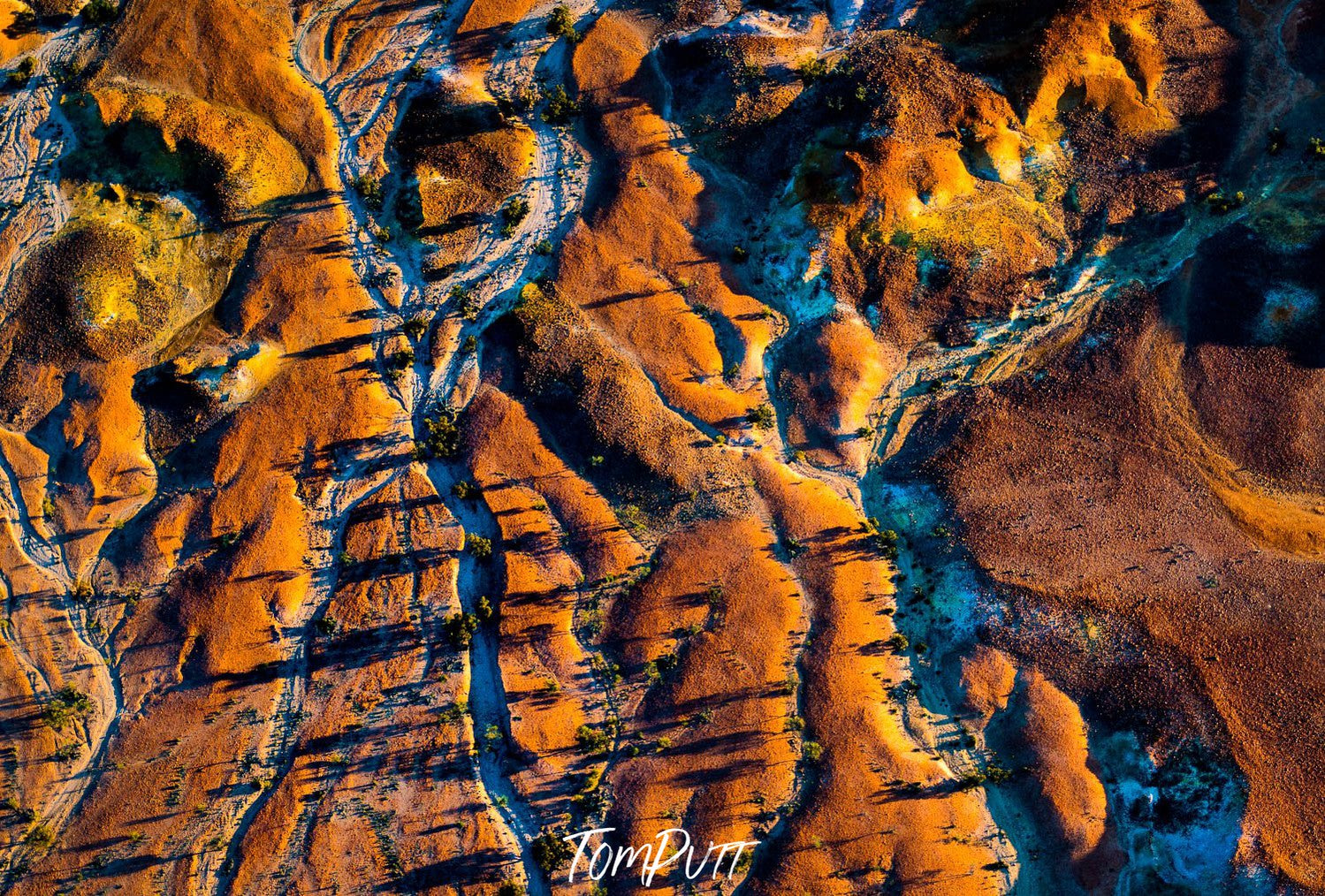 Aerial view of the large golden surface with long shadows, Painted Hills #19
