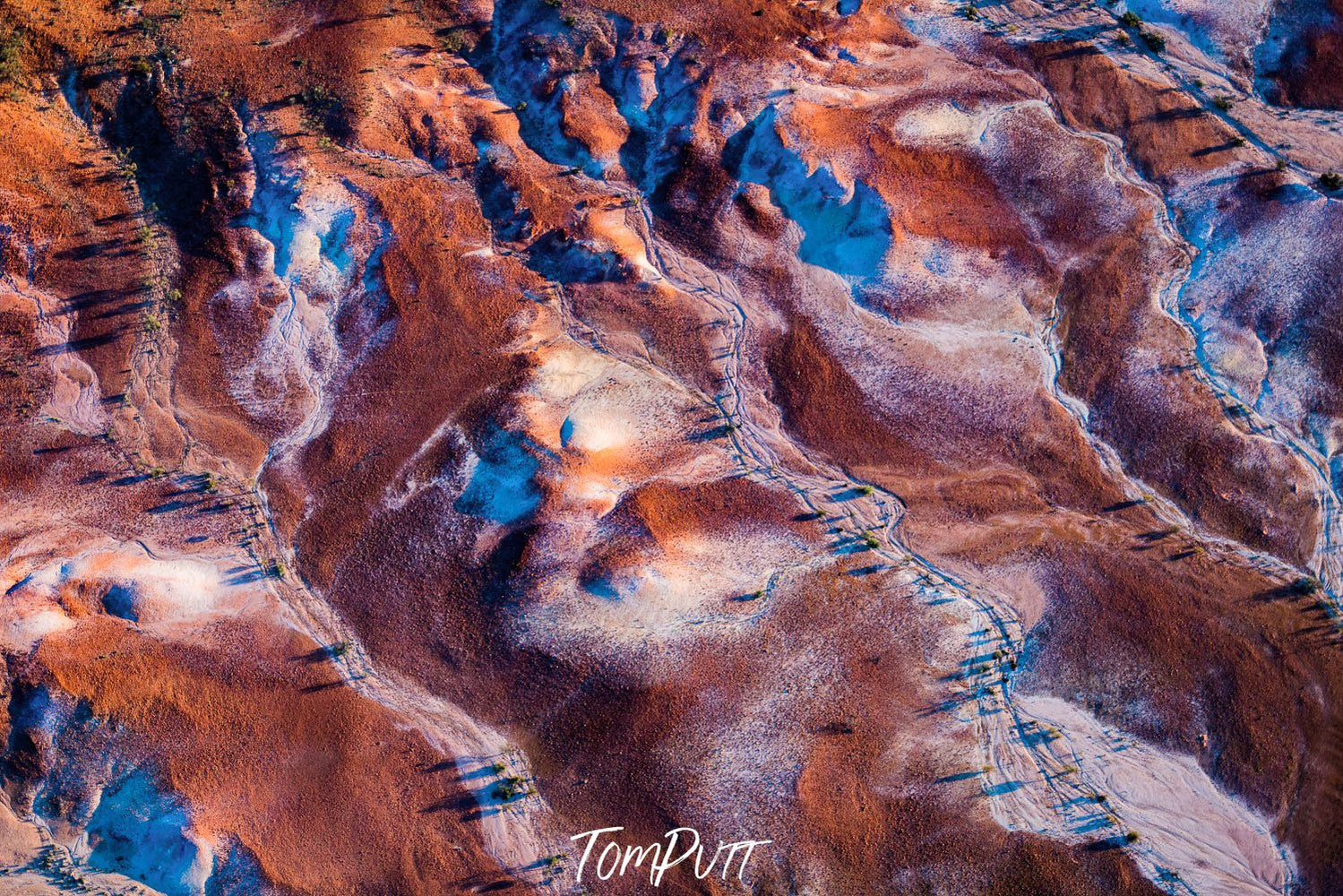 Aerial view of a painted waves-like texture on a desert-like surface, Painted Hills #21