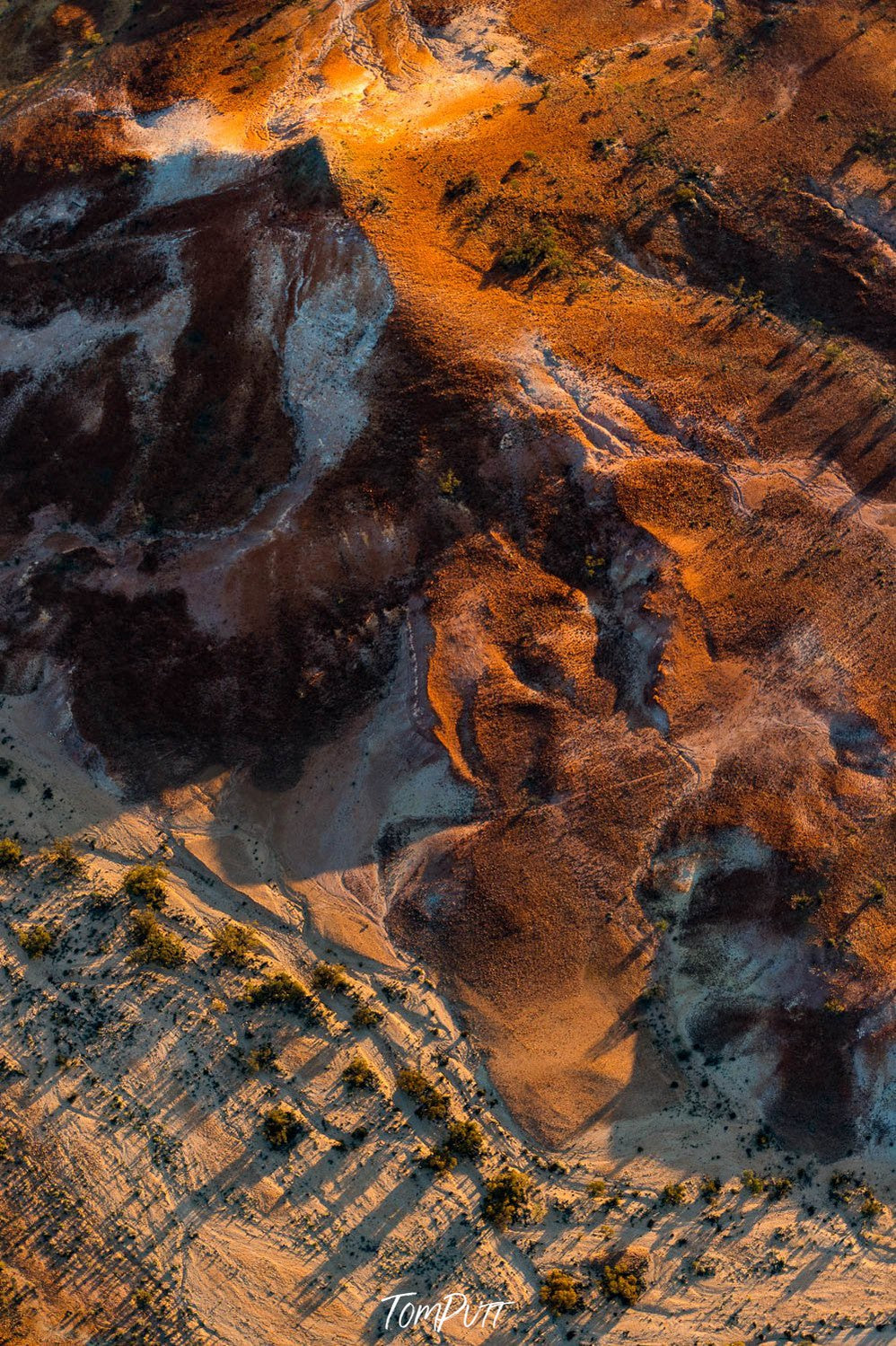 Aerial view of a painted golden mountains texture on a desert-like surface, Painted Hills #22