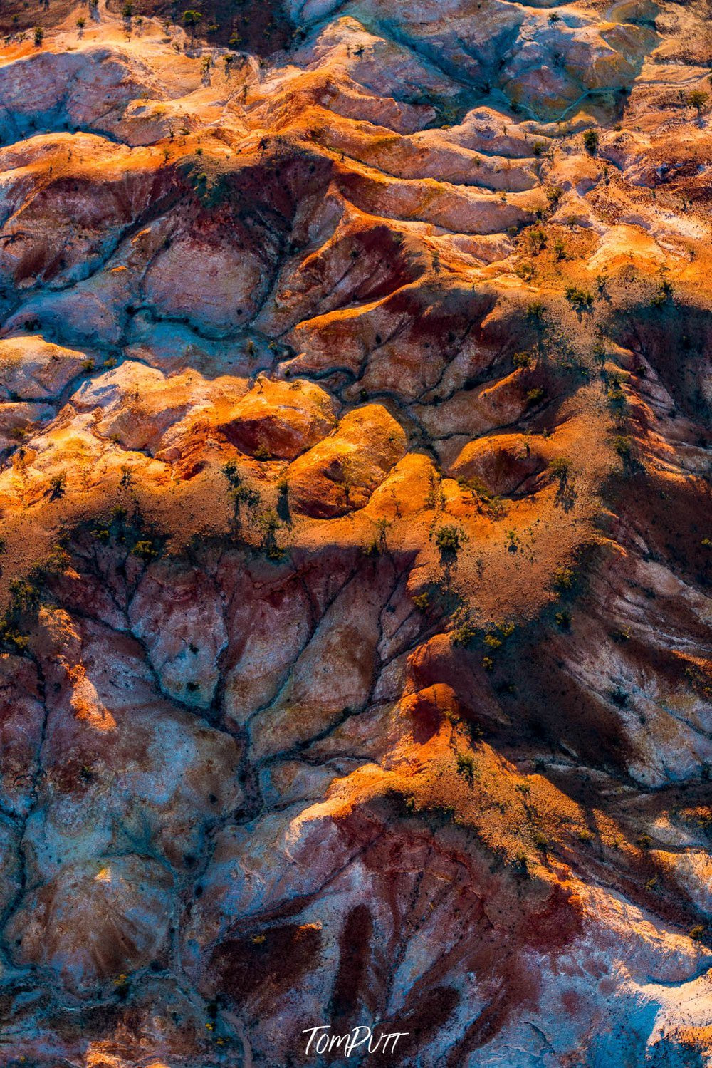 Aerial view of a dull-green rocky mountains on desert-like surface, Painted Hills #27