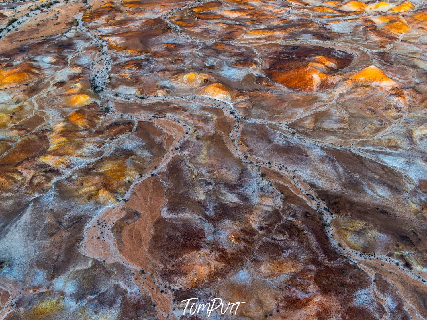 Aerial view of desert land with powder and mustard color curvy lines, Painted Hills #35