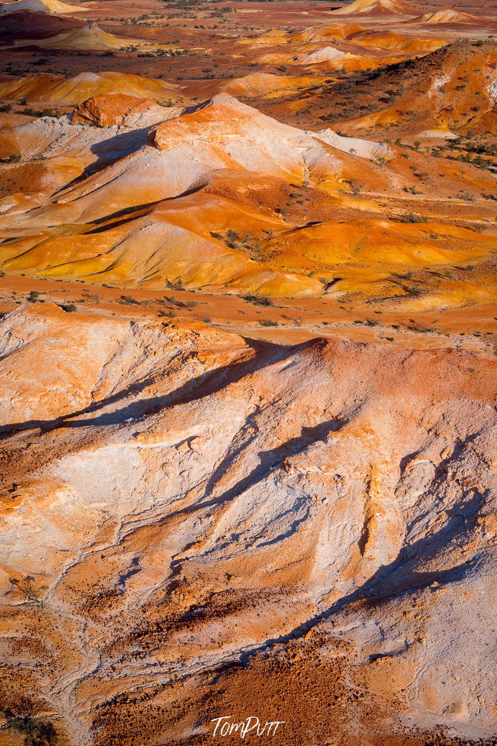 Aerial view of the land of shining powder and mustard color mountain walls with the shiny effect of sunlight, Painted Hills #7