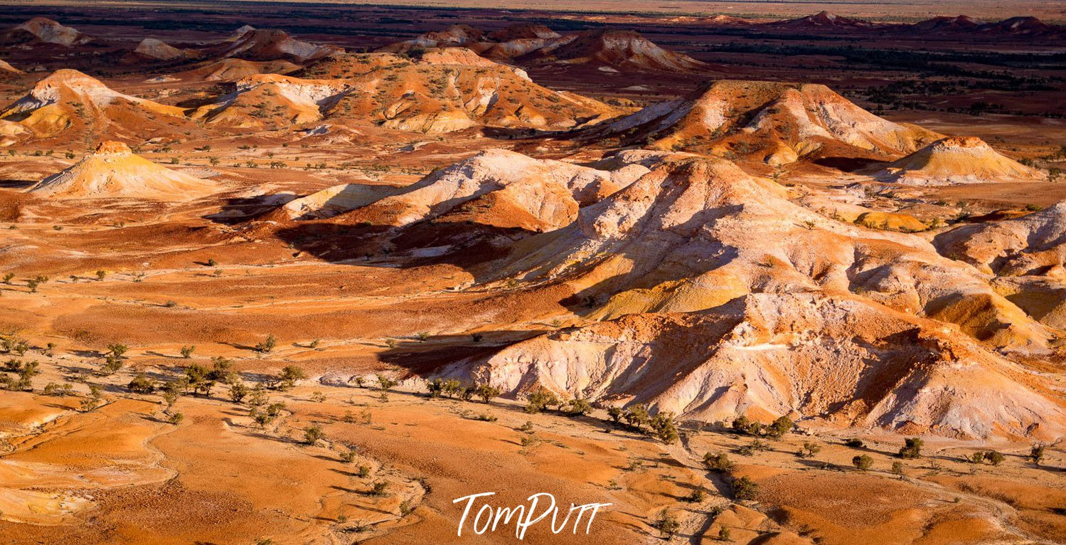 Aerial view of the land of shining powder and mustard color mountain walls with the shiny effect of sunlight, Painted Hills #8