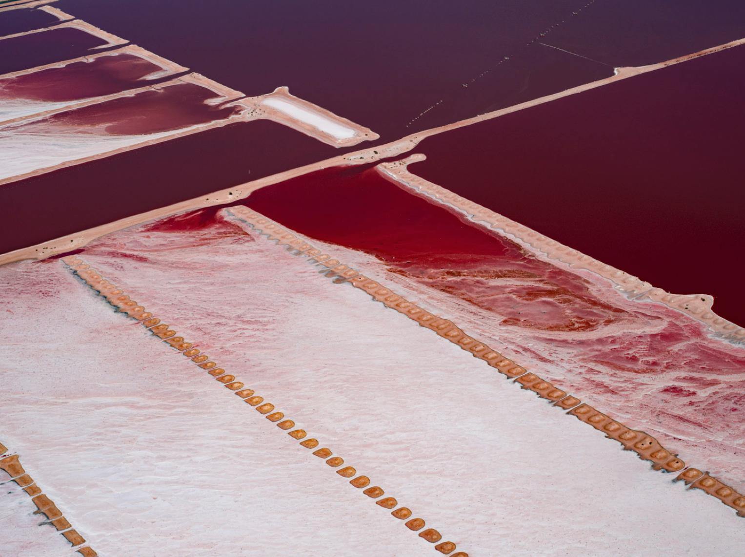 Aerial view of the pinkish water and shore with dark pink lines, Pink Ponds Art Print