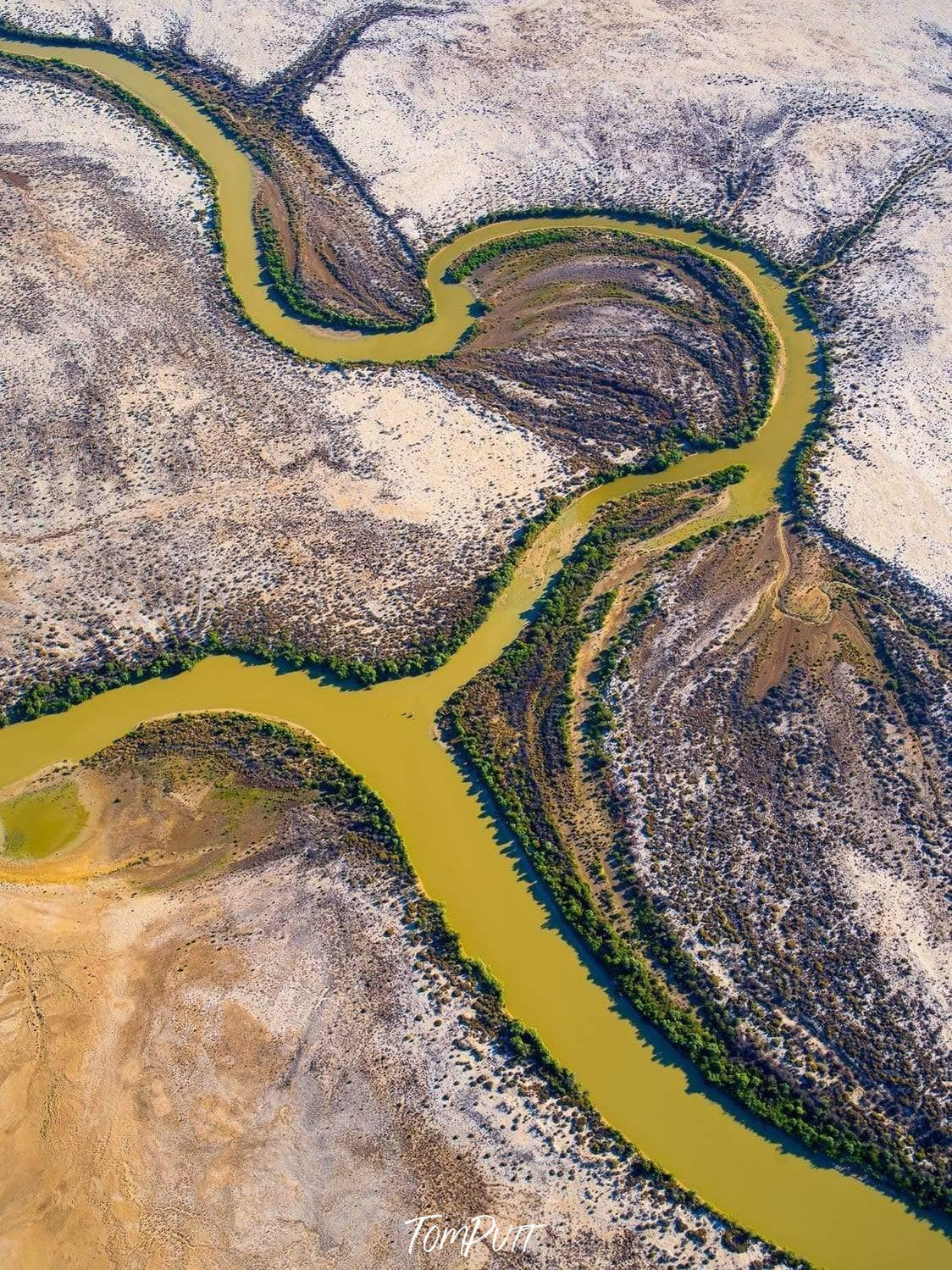 Aerial view of land with thick green curvy lines, Ribbon of Life