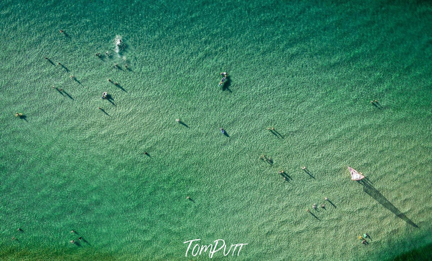 Aerial view of a calm sea with some boats and people over, Summer Shadows, Mt Martha - Mornington Peninsula VIC