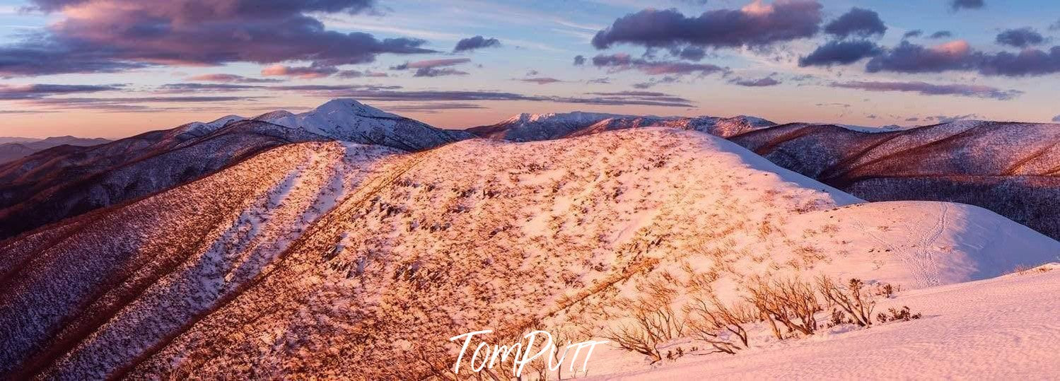Aerial view of long desert mountain lines, The Razorback and Mt Feathertop Sunset, Victorian High Country