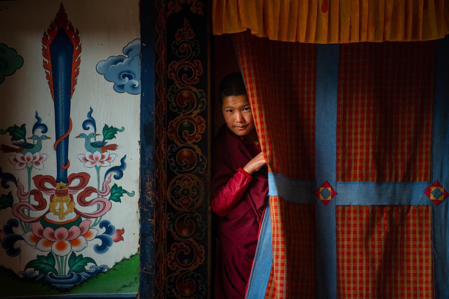 Young monk looking standing behind a curtain, Young Monk Looking, Bhutan