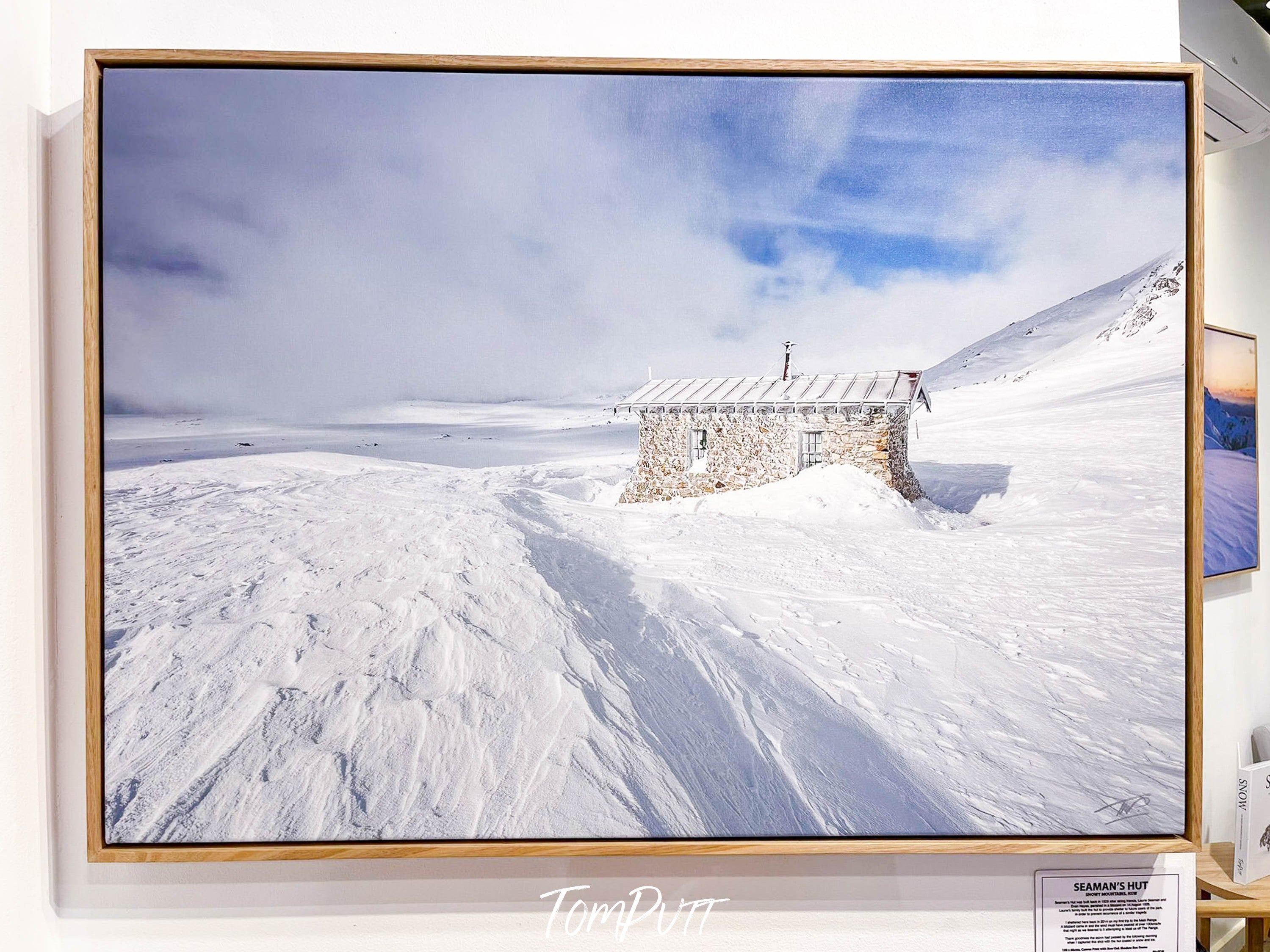 ARTWORK INSTOCK - 'Seaman's Hut, Snowy Mountains' - 100x66cms Canvas Framed Print in Raw Oak