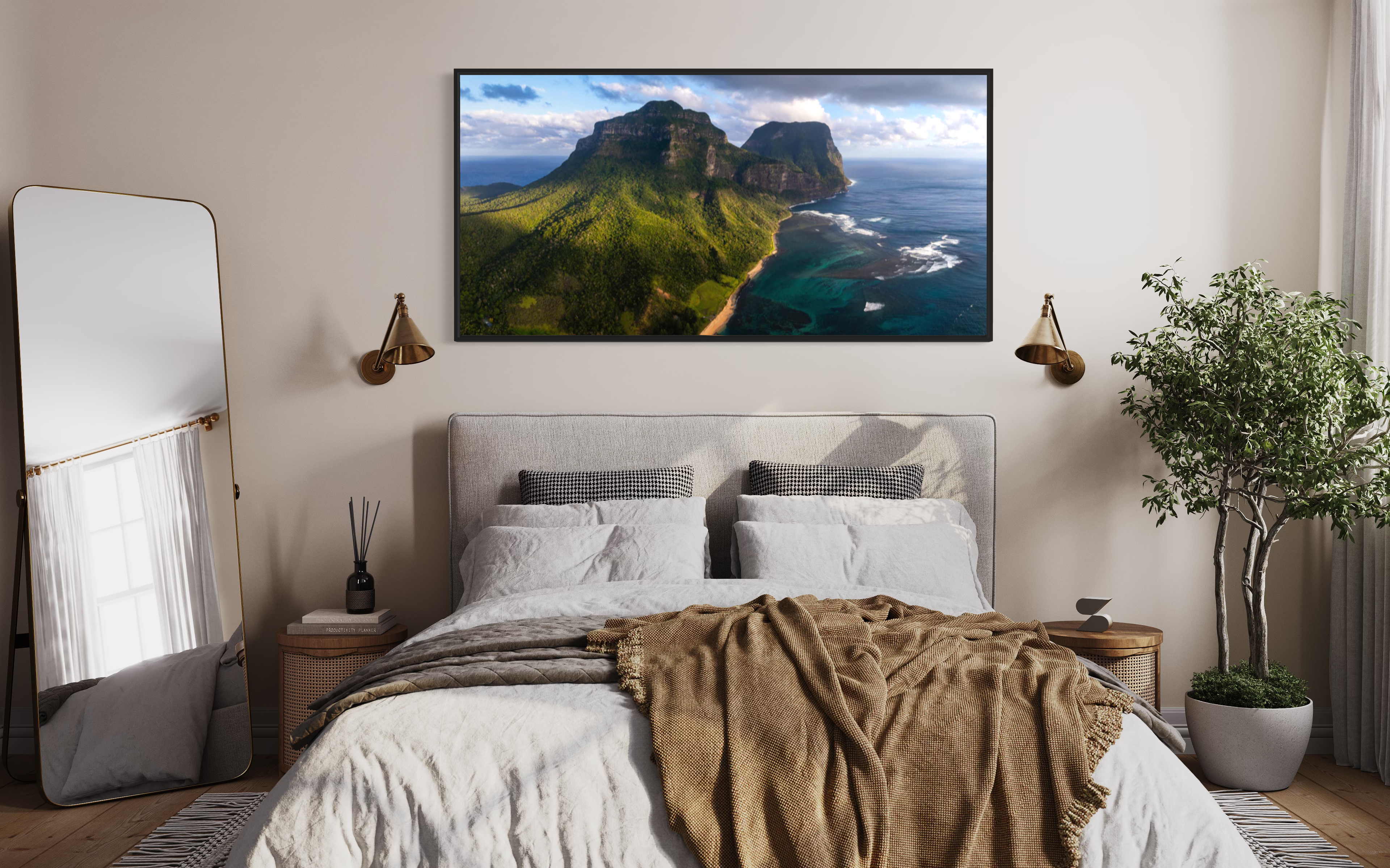 Mt Lidgbird & Mt Gower at sunset panorama, Lord Howe Island