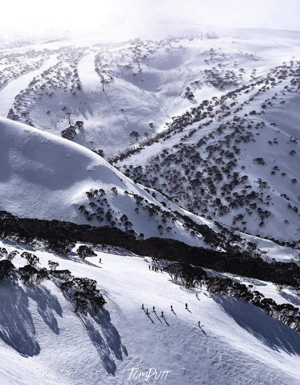 Aerial view of huge mountain walls covered with snow, The Orchard Mt Hotham Art