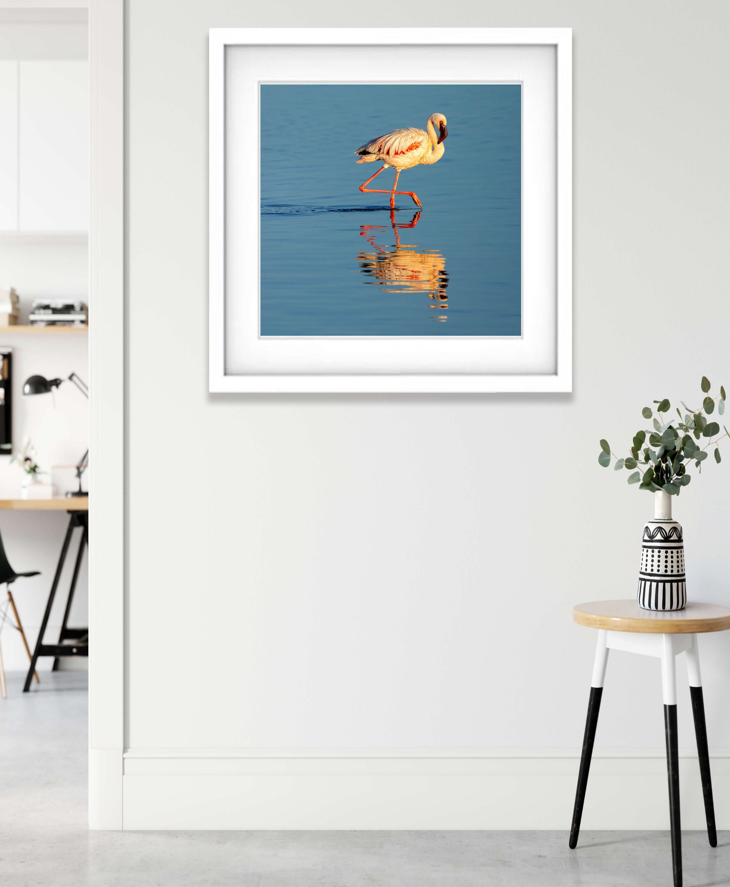ARTWORK INSTOCK - The Lesser Flamingo, Tanzania - 90x90cms Metal Raw Oak Framed Print
