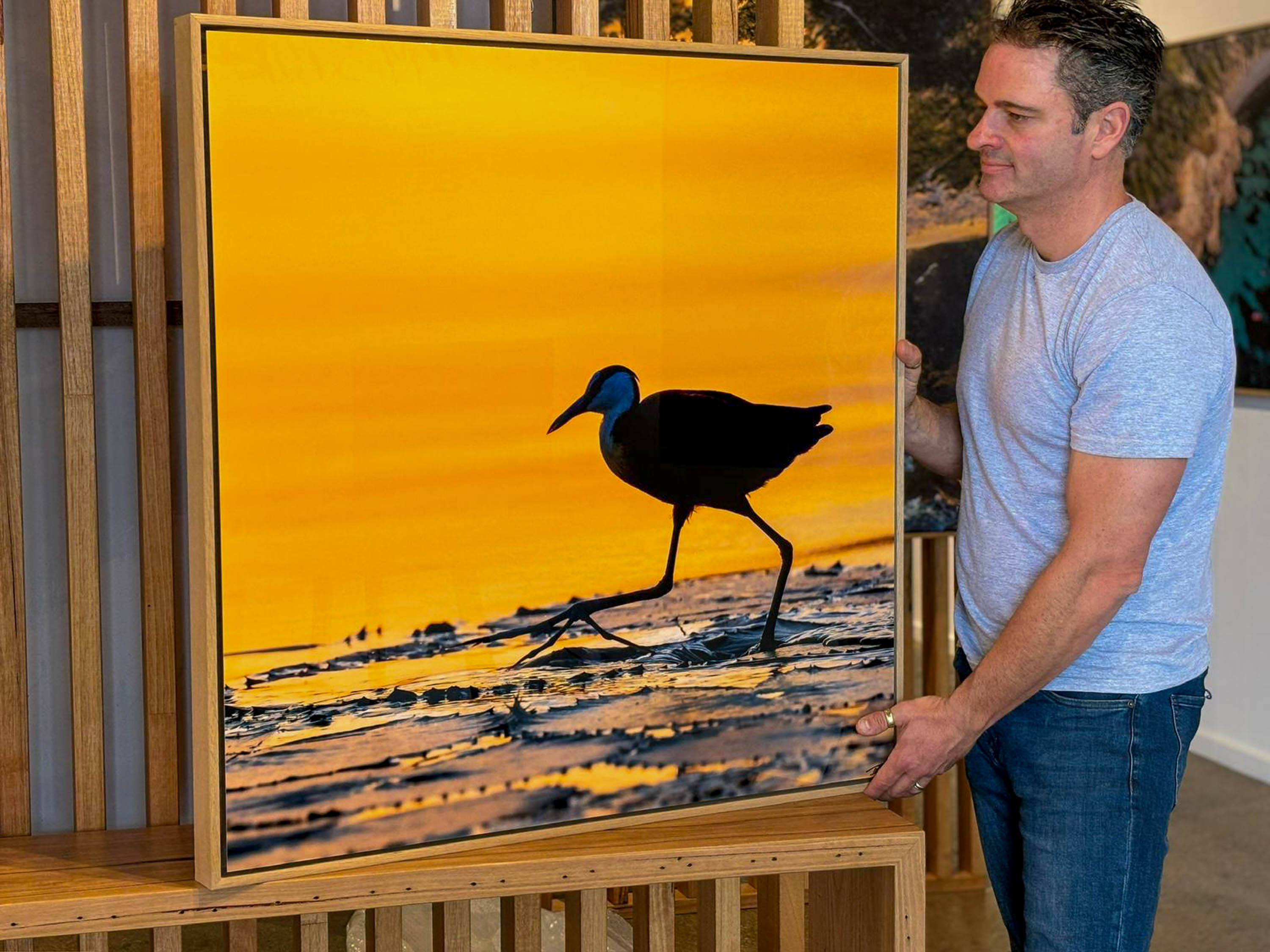 ARTWORK INSTOCK - 'The African Jacana' - 90x90cms Metal Framed Print in Raw Oak