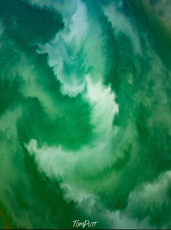 Artwork of a green lake-like view forming heavy waves and depicting a storm under the ocean, Aurora Kati Thanda Lake Artwork