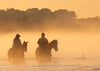 A couple of horses with a horseman riding on them, walking together with the feet of the horses underwater, and a smoky fog effect in the scene, Balnarring Horses - Framed version 