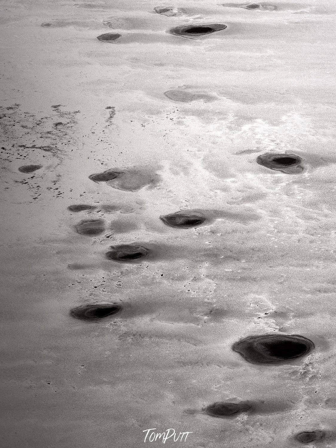 A beach with white-colored water and some weird foot-prints like marks on the sand, Blotched Landscape