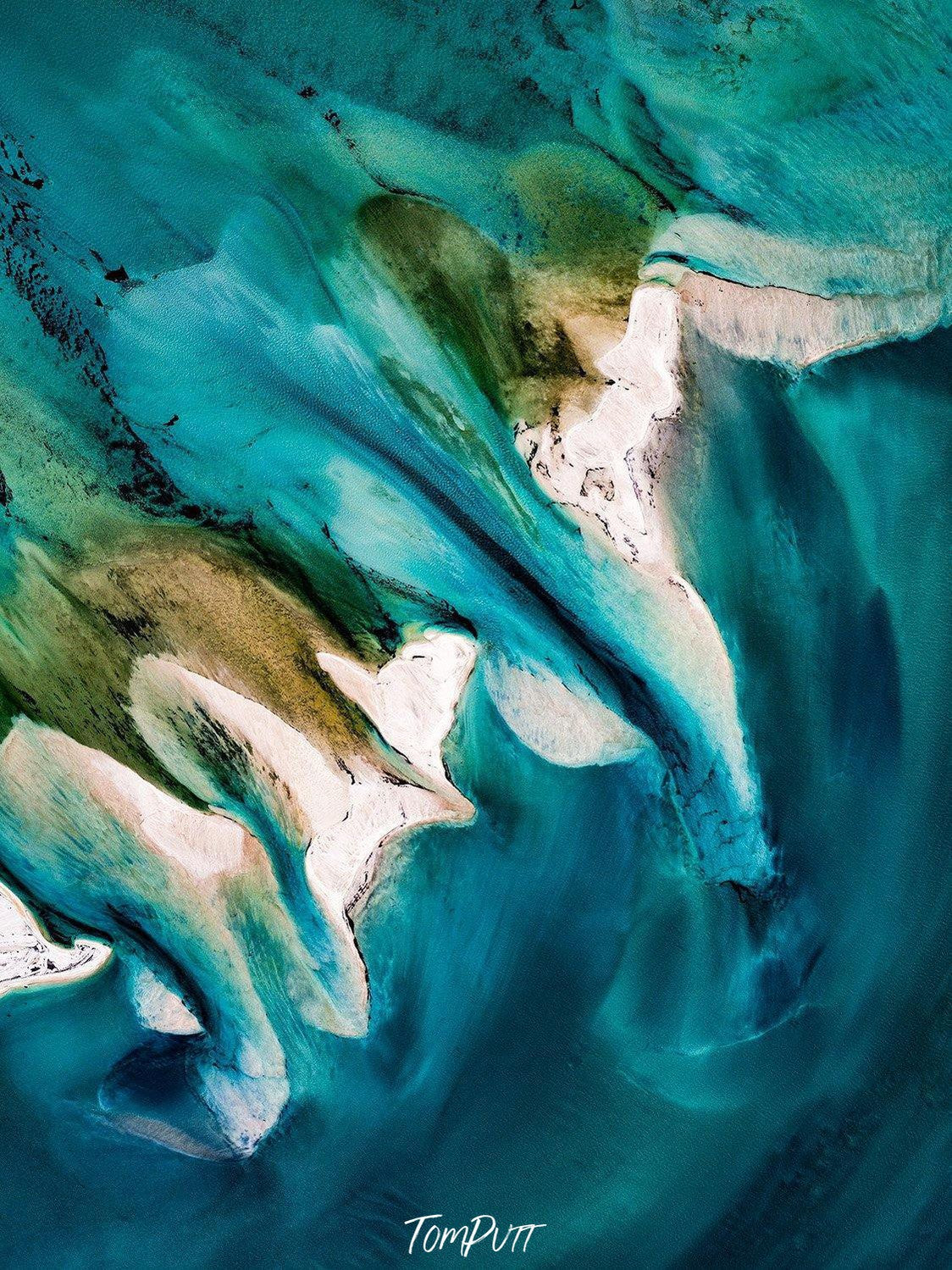 A beautiful oil painting of a steady oceanic flow of water with some green shades of underwater grass, Blue 