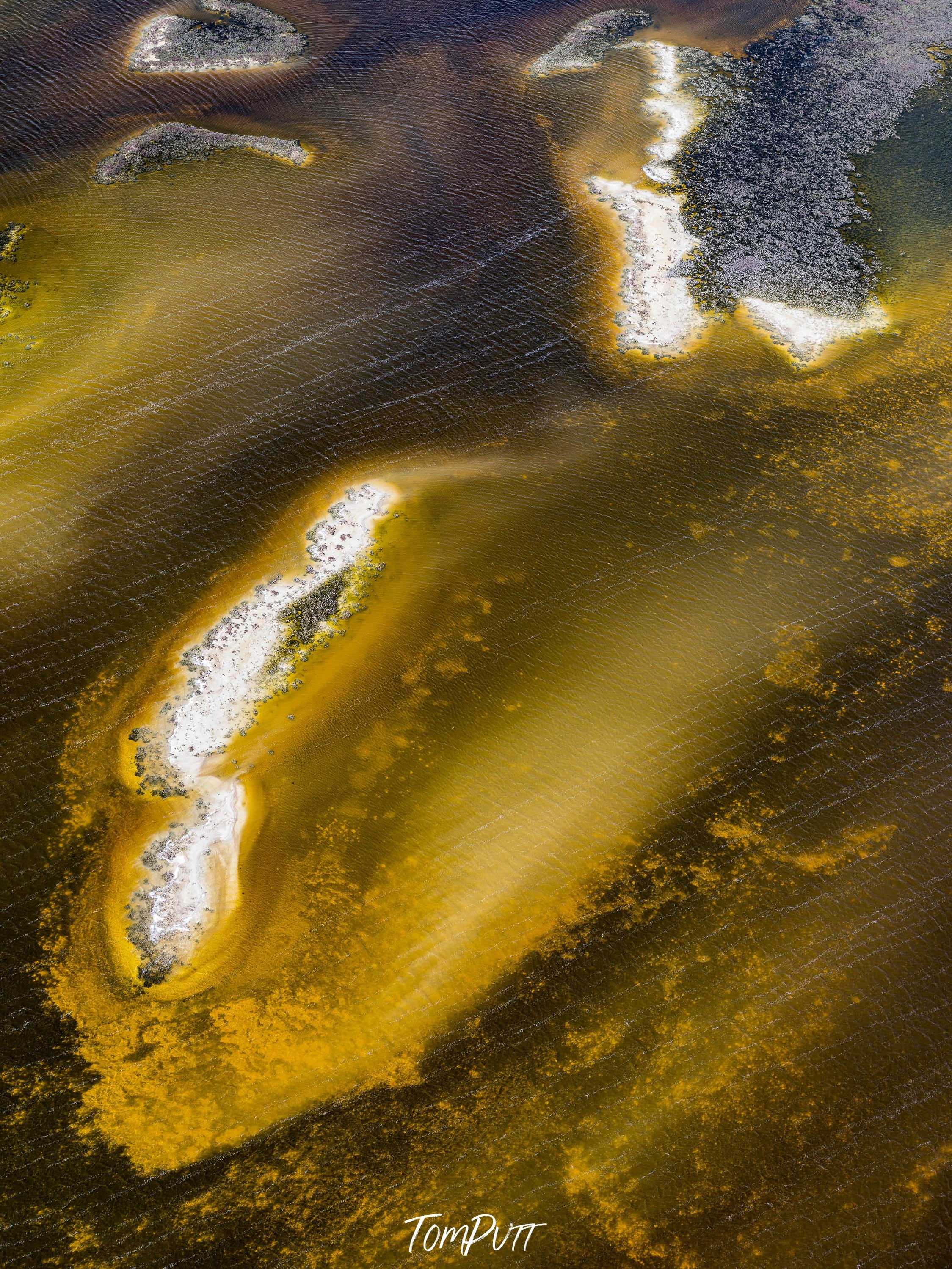 A large oceanic land texture with yellow and black shades, and some greyish and powder-colored large shapes on the surface, Broome No.36