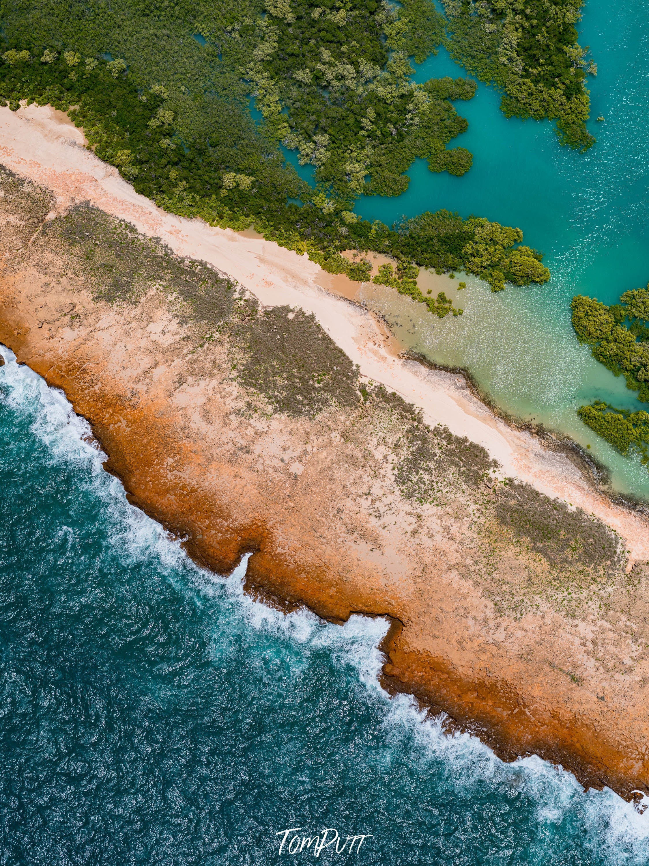 Aerial view of the sea with fully covered with countless trees over, and a land area in the middle way, Broome No.48