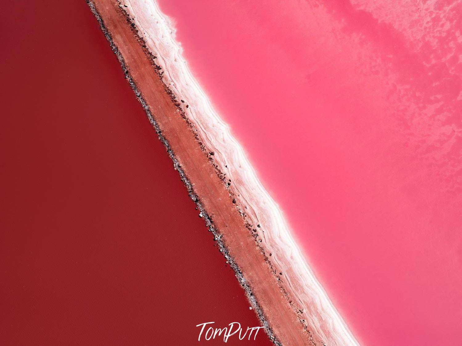 Bubblegum-Tom-Putt-LanTwo solid sides of a diagonally intersected square with red and pink solid colors, the intersecting line having sand and smoke-colored surface, Bubblegum dscape-Prints