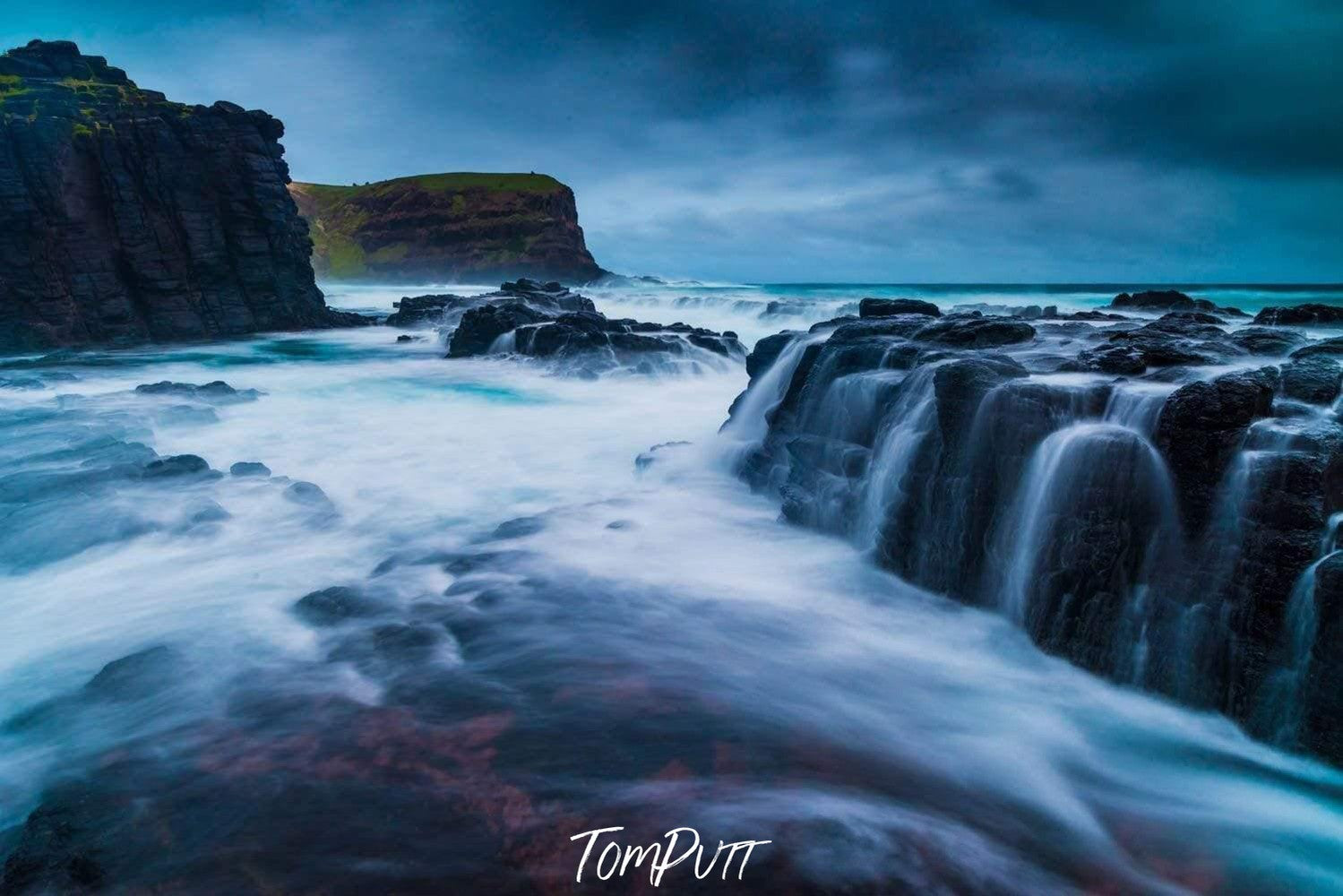 beautiful mountain walls of with a sea and a cold watercourse flowing through the rocks, and a dark cold effect of moonlight hitting on the scene, Bushrangers Winter - Mornington Peninsula