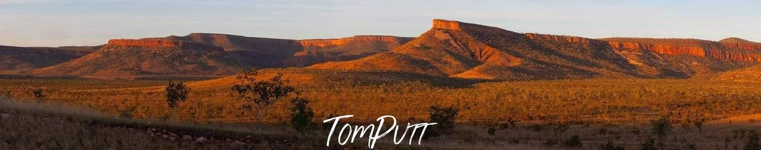 A portrait of a beautiful reddish desert-like land with few small trees and a giant mountain wall with the same color shade in the far background, sunlight is hitting on the entire picture, Cockburn Ranges - The Kimberley WA