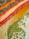 An aerial view of beautiful colorful pathway having a group of the tree at the right center-to-bottom area, A thick line of the sand pathway, a red and orange-colored line with a series of trees in the top left quadrant, Crimson Tide Broome Print