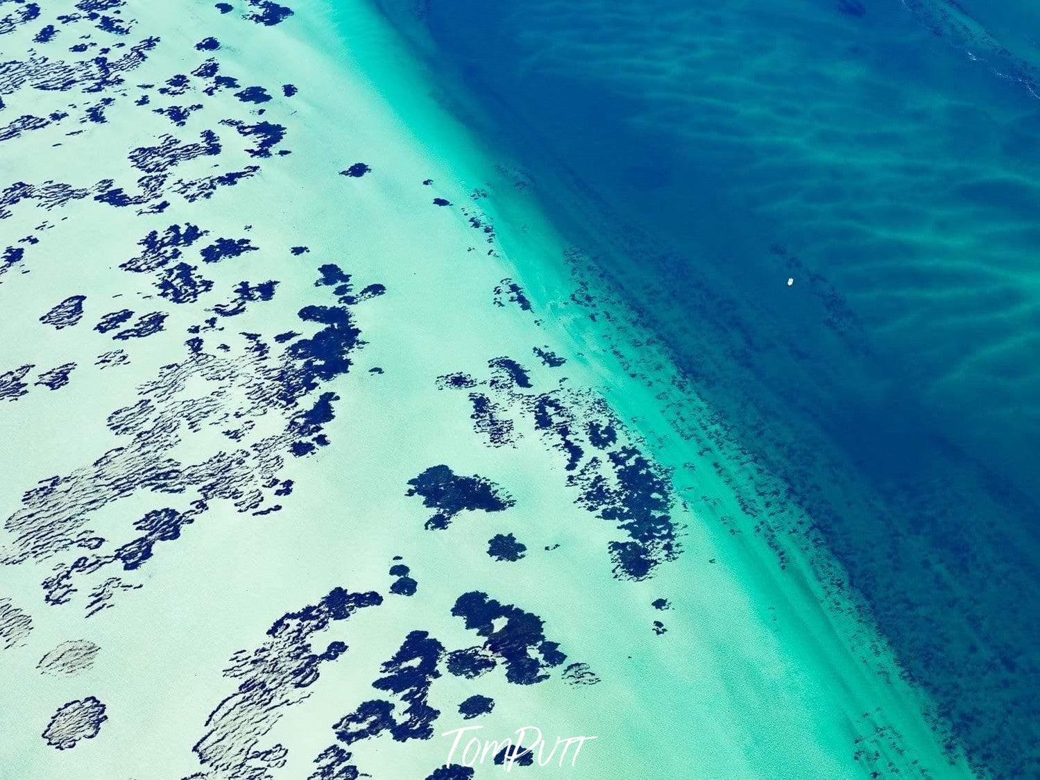 A dark blue ocean connecting with a lite green-colored shore with some large weird spots of giant handprints, Drop Off