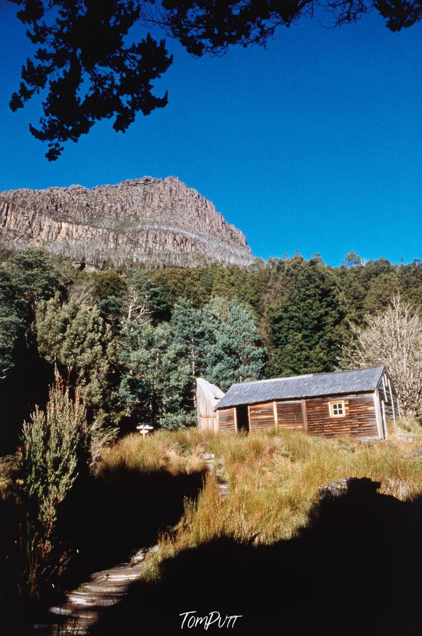 A green hill area with only house and a large mountain in the background, Cradle Mountain #35, Tasmania