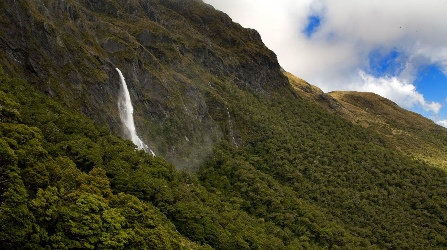 A high mountain fully covered with fresh plants and trees and a waterfall coming from the center of the mountain, Earland Falls, Routeburn Track - New Zealand